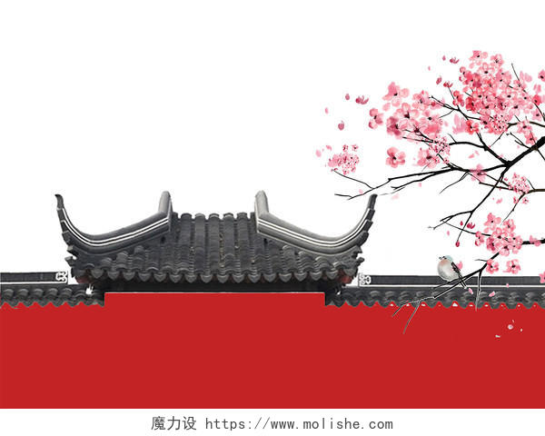 红色手绘古风中国风古建筑梅花花枝春分春天春季元素PNG素材